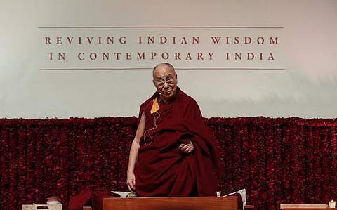 Tibetan spiritual leader the Dalai Lama looks on as he speaks on 'Reviving Indian Wisdom in Contemporary India' at a public event in New Delhi, India. (File Photo | AP)