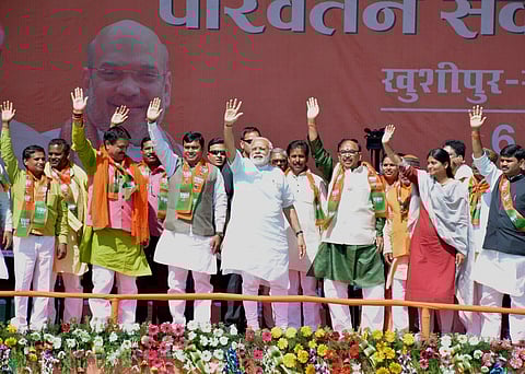 Prime Minister Narendra Modi at an election rally at Rohaniya in Varanasi. (PTI)