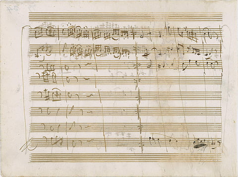 One page of a handwritten musical score by Wolfgang Amadeus Mozart for the third movement, 'Allegro,' of his Serenade in D Major, circa 1773. (Photo | AP)