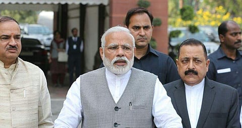 Prime Minister Narendra Modi addressing media outside the Parliament. (EPS)