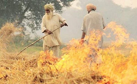 Farmers burn agricultural residues at a village