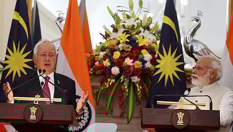 Prime Minister Narendra Modi with his Malaysian counterpart Najib Razak during their joint statement at Hyderabad House in New Delhi on Saturday.(Photo | PTI)