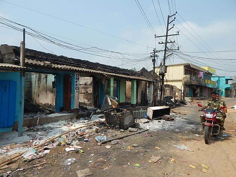 Shops in Bhadrak gutted during the riot on Saturday. (Photo | EPS)