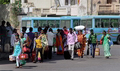 Gurugram passengers stranded at a depot in Gurugram due to state roadways employees' statewide strike on Tuesday. (PTI)