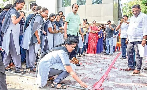 Students celebrating after the intermediate exam results at a private college in Vijayawada on Thursday | Express