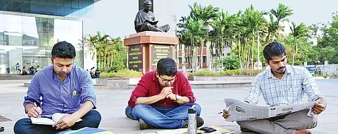 Students waiting outside the library