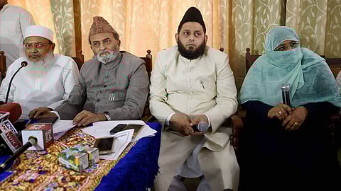 All India Muslim Personal Law Board AIMPLB general secretary Maulana Wali Rahmani with Executive Members Zafaryab Jilani Maulana Khalid Rasheed Farangi and Women's wing head Asma Zahra at a press conference in Lucknow on Sunday. | PTI