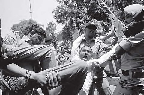 TDP activists being arrested in front of the Assembly for protesting against the reservation bill in Hyderabad on Sunday | Sayantan Ghosh