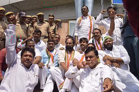Congress leaders protest against the shifting of Dharna Chowk in Hyderabad on Monday | express photo