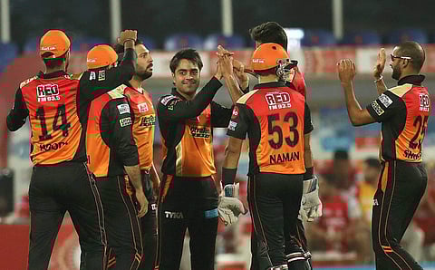 Rashid Khan Arman of the Sunrisers Hyderabad celebrates the wicket of David Miller of Kings XI Punjab. (Photo | PTI)