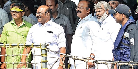 Fisheries Minister D Jayakumar aboard INS Chennai, off the Chennai coast on Tuesday | D SAMPATH KUMAR