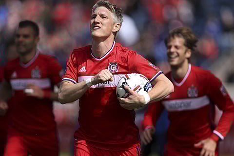 Chicago Fire midfielder Bastian Schweinsteiger (31) celebrates after scoring a goal in the first half of an MLS soccer game against the Montreal Impact at Toyota Park in Bridgeview, Ill., Saturday, April 1, 2017. | AP