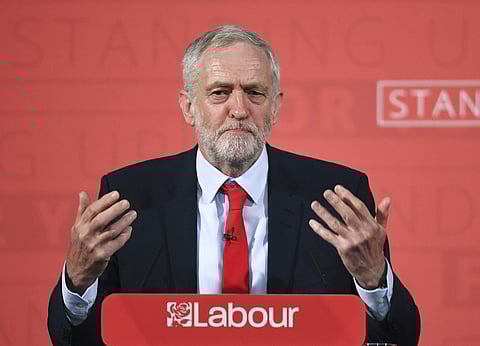 Britain's Labour Party leader Jeremy Corbyn, speaks at an election campaign event in Church House, London Thursday April 20, 2017. | AP