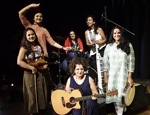 Members of Indiva, the Mumbai-based all-woman band, rehearsing at the Tagore Hall in Thiruvananthapuram on Monday | B P Deepu
