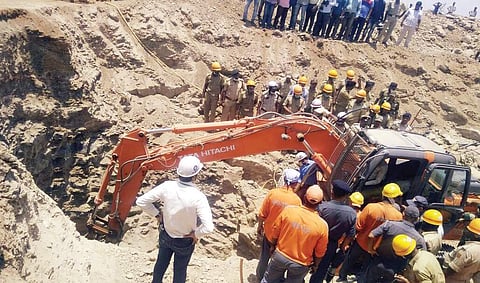 The rescue teams at work on Monday