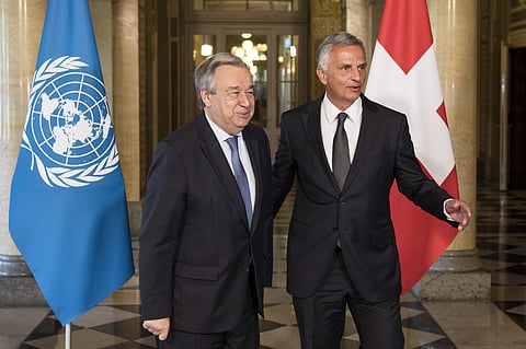 Swiss Federal Councillor and Foreign Minister Didier Burkhalter, right, welcomes Antonio Guterres, Secretary-General of the United Nations, left, at the federal parliament, Monday, 24 April 2017, in Bern, Switzerland. | AP