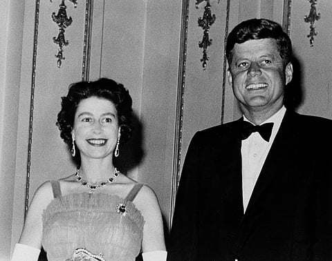 FILE - This is a June 5, 1961 file photo of Queen Elizabeth II and U.S. President John Kennedy as they pose at Buckingham Palace in London. The Kennedy,s were dinner guests of the Queen | AP