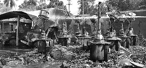 The transformers that were gutted in sub-station of Gridco in Siriguda of Rayagada town on Tuesday | Express