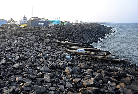A good amount of oil slick is trapped between groynes and sedimentary rocks in Ernavoor Kuppam and surrounding areas. | Express Photo Service