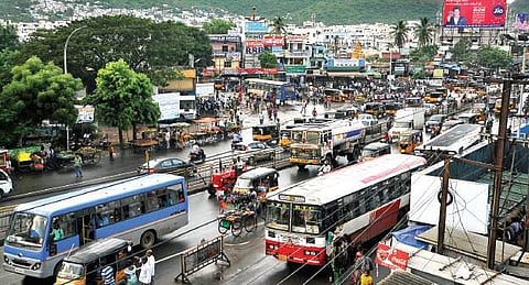 Heavy traffic congestion near the Maddilapalem Junction in Visakhapatnam remains a concern for both officials and motorists | Express