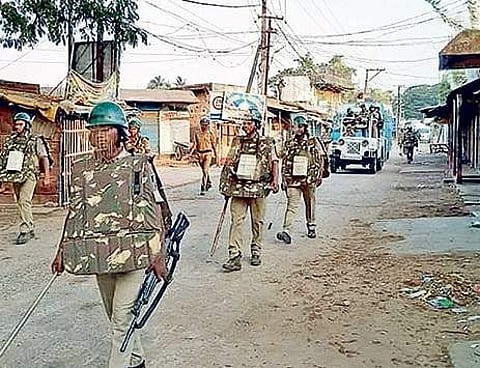 Police patrolling an area in Bhadrak on Saturday | Express