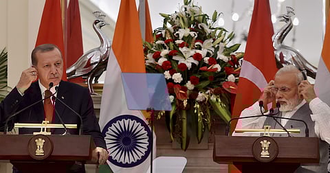 Prime Minister Narendra Modi and Turkish President Recep Tayyip Erdogan during their joint press conference at Hyderabad House in New Delhi on Monday. | PTI