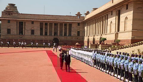 Turkish President Recep Tayyip Erdogan arrives at the Presidential Palace in New Delhi on Monday. (Shekhar Yadav | EPS)
