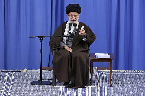 Supreme Leader Ayatollah Ali Khamenei addresses a group of teachers in Tehran, Iran. (AP)
