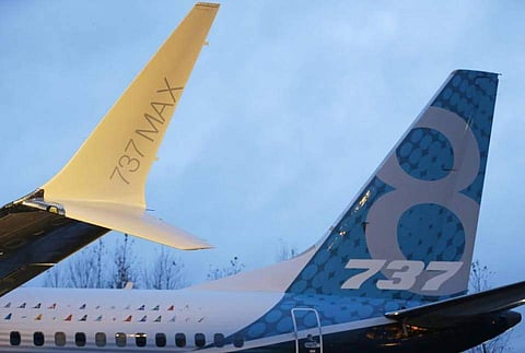 A winglet and the vertical stabilizer of the first Boeing 737 MAX airplane to roll off Boeing’s assembly line in Renton, Washington. (Photo|AP)