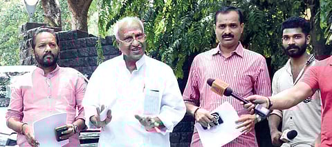 Senior BJP leader O Rajagopal MLA (second from left) and party leaders coming out of Raj Bhavan in Thiruvananthapuram after submitting a petition to governor P Sathasivam seeking to invoke (AFSPA) in Kannur on May 13. (Photo | EPS)