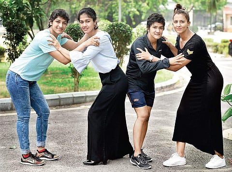 (From left) The Phogat sisters Sangeeta, Babita, Ritu and Geeta on the sidelines of the Asian Wrestling Championships in New Delhi | PTI