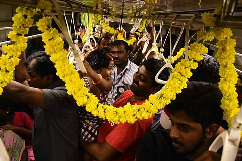 Commuters in the underground Chennai Metro after its inauguration on Sunday. (Ashwin Acharya | EPS)
