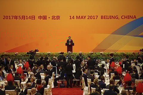 Chinese President Xi Jinping delivers his speech during the welcoming banquet for the Belt and Road Forum at the Great Hall of the People in Beijing. (AP)