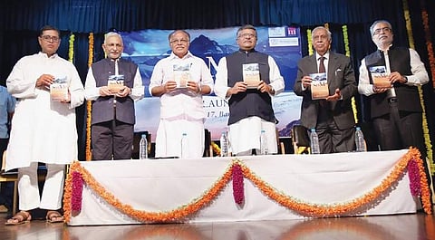 Sri M (second from left), Union Minister Ravishankar Prasad (fourth from left) and other dignitaries at the Journey Continues book launch at Bharatiya Vidya Bhavan