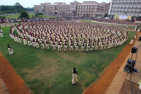 Women numbering around 6,582 from 20 States performed the largest ever Thiruvathirakkali and sway their way into the Guinness Book of World Records at Kitex Apparel Park grounds, Kochi on Monday | EPS