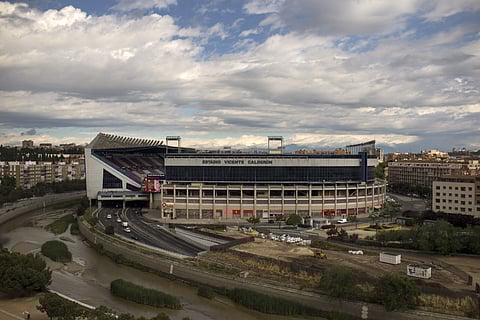 In this photo taken on Thursday, May 18, 2017, a general view of the Spanish Atletico Madrid's Vicente Calderon stadium next to the Manzanares river in Madrid. | AP