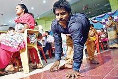A differently- abled person arriving to present his profile at a ‘Free Swayamvaram, for Disabled’, organised by Chennai Sai Thunai Matrimonial on Sunday | p jawahar