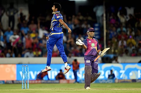 Mumbai Indians Jasprit Bumrah celebrates the wicket of M S Dhoni during the IPL 10 final match on Sunday. (Photo | PTI)
