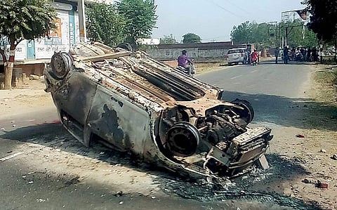 A damaged car after a clash in Saharanpur. (File photo | PTI)