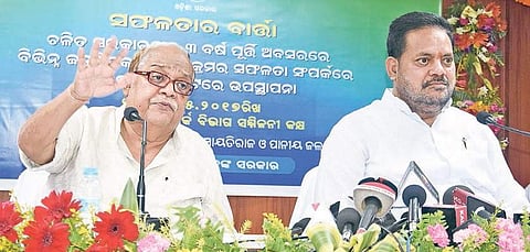 Forest and Environment Minister Bijayshree Routray and his Panchayati Raj counterpart Pradeep Maharathy addressing mediapersons in Bhubaneswar on Wednesday | Express