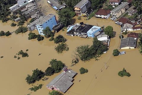 An aerial view of inundated area of Kiriella, in Ratnapura district of Sri Lanka. (Photo|AP)