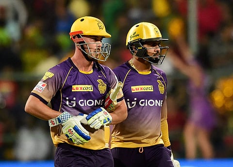 Kolkata Knight Riders' Sunil Narine and Chris Lynn during the IPL match against Royal Challengers Bangalore at Chinnaswamy Stadium in Bengaluru on Sunday. | PTI