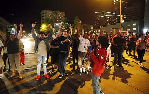 (File Photo | AP) A group of protesters block Denver Avenue near the Tulsa County Courthouse following the not guilty verdict Wednesday in Tulsa Police Officer Betty Jo Shelby's manslaughter trial on May 18.
