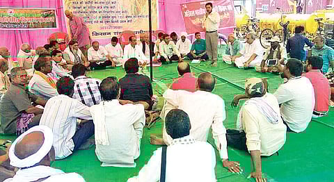 Chhattisgarh farmers demonstrate in Raipur for minimum support price (MSP) and crop bonus on Monday.|Express Photo Service