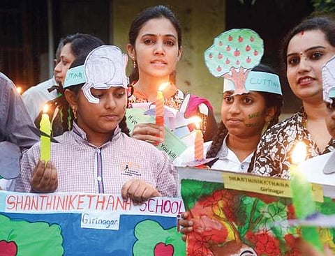 Children at the protest rally
