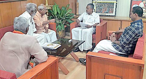 BJP leaders O Rajagopal, Kummanam Rajasekharan, V V Rajesh and Gopalan Kutty Master holding talks with CM Pinarayi Vijayan.