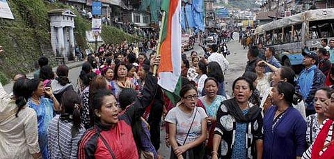 Members of Gorkha Janmukti Morcha during a strike in Darjeeling Hills on Tuesday | PTI