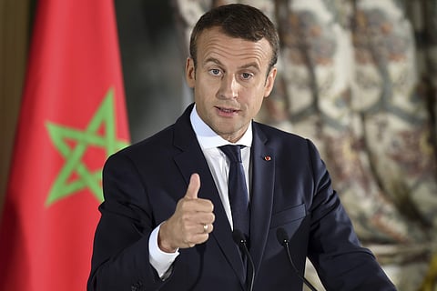 French President Emmanuel Macron delivers his speech during a press conference as part of his meeting with Morocco's King Mohammed VI in Rabat, Morocco, Wednesday, June 14, 2017. | AP