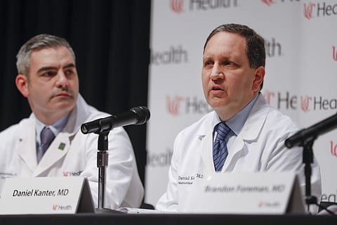 Daniel Kanter, medical director of the Neuroscience Intensive Care Unit, right, speaks alongside Jordan Bonomo, a neurointensivist, left, during a news conference regarding Otto Warmbier's condition, Thursday, June 15, 2017, at University of Cincinnati Me