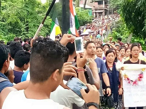 Some 4,000 protesters held a rally in Gorubathan town in Kalimpong district on Sunday morning against the police firing that killed 3 Gorkhaland agitators in Darjeeling and Ghoom on Saturday. | Express